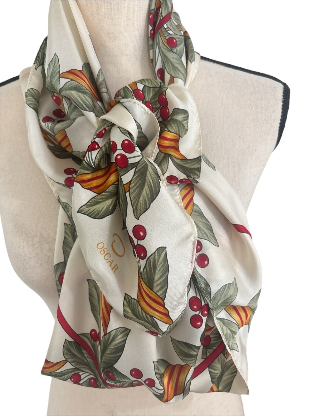 Vintage Oscar de la Renta Silk Botanical Print Holiday Scarf in Cream and Red